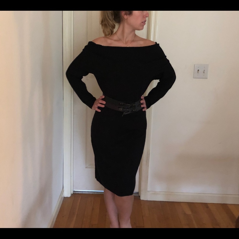 Cozy, black, off the shoulder sweater dress